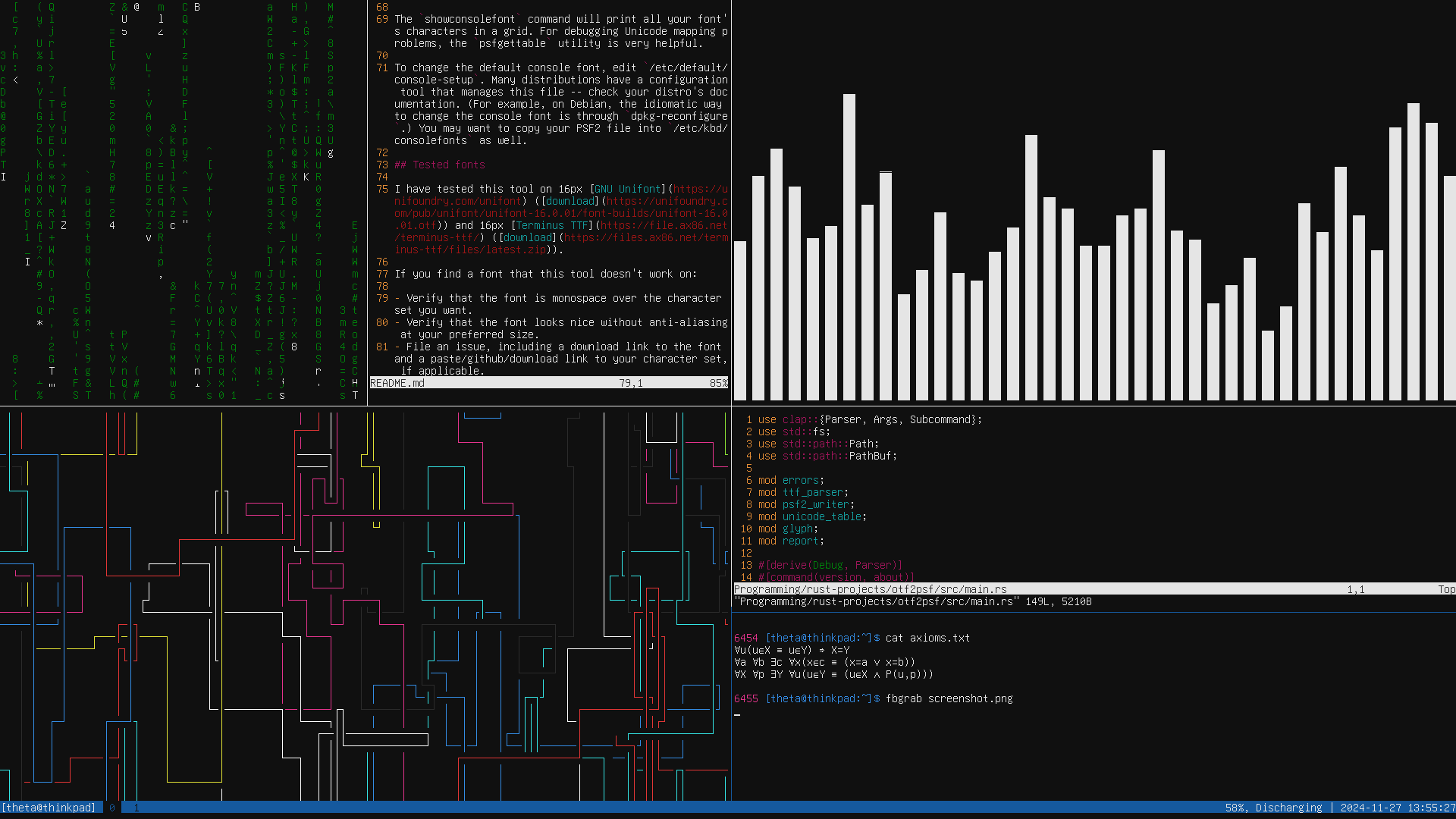 Screenshot of a Linux TTY, with several tmux panes rendering screensavers, graphics, and text.
